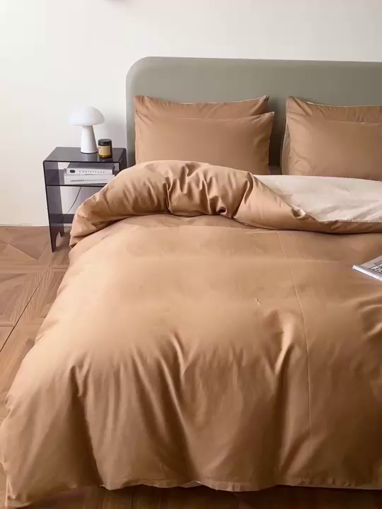 91家纺网 家纺一手货源 找家纺 盛馨家纺 2026新款40长绒棉ins美拉德色系纯色双拼全棉单品四件套单人纯色三件套 黄琉璃+云光黄