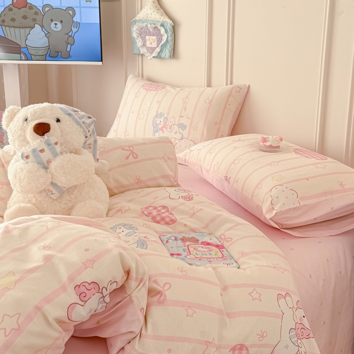 91家纺网 家纺一手货源 找家纺 呗旺鹿 2026新款全棉纯棉40支12868星仔系列单被套被套单件单品被套 粉色独角兽