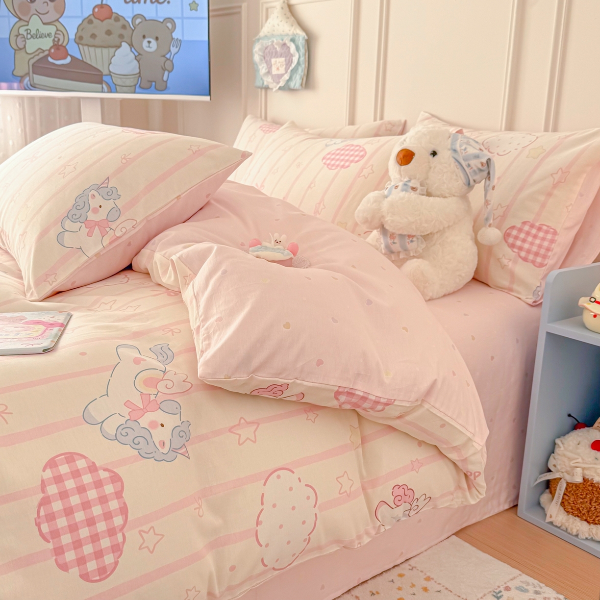 91家纺网 家纺一手货源 找家纺 呗旺鹿 2026新款全棉纯棉40支12868星仔系列单被套被套单件单品被套 粉色独角兽