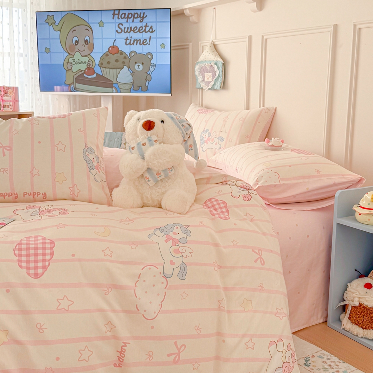 91家纺网 家纺一手货源 找家纺 呗旺鹿 2026新款全棉纯棉40支12868星仔系列单被套被套单件单品被套 粉色独角兽