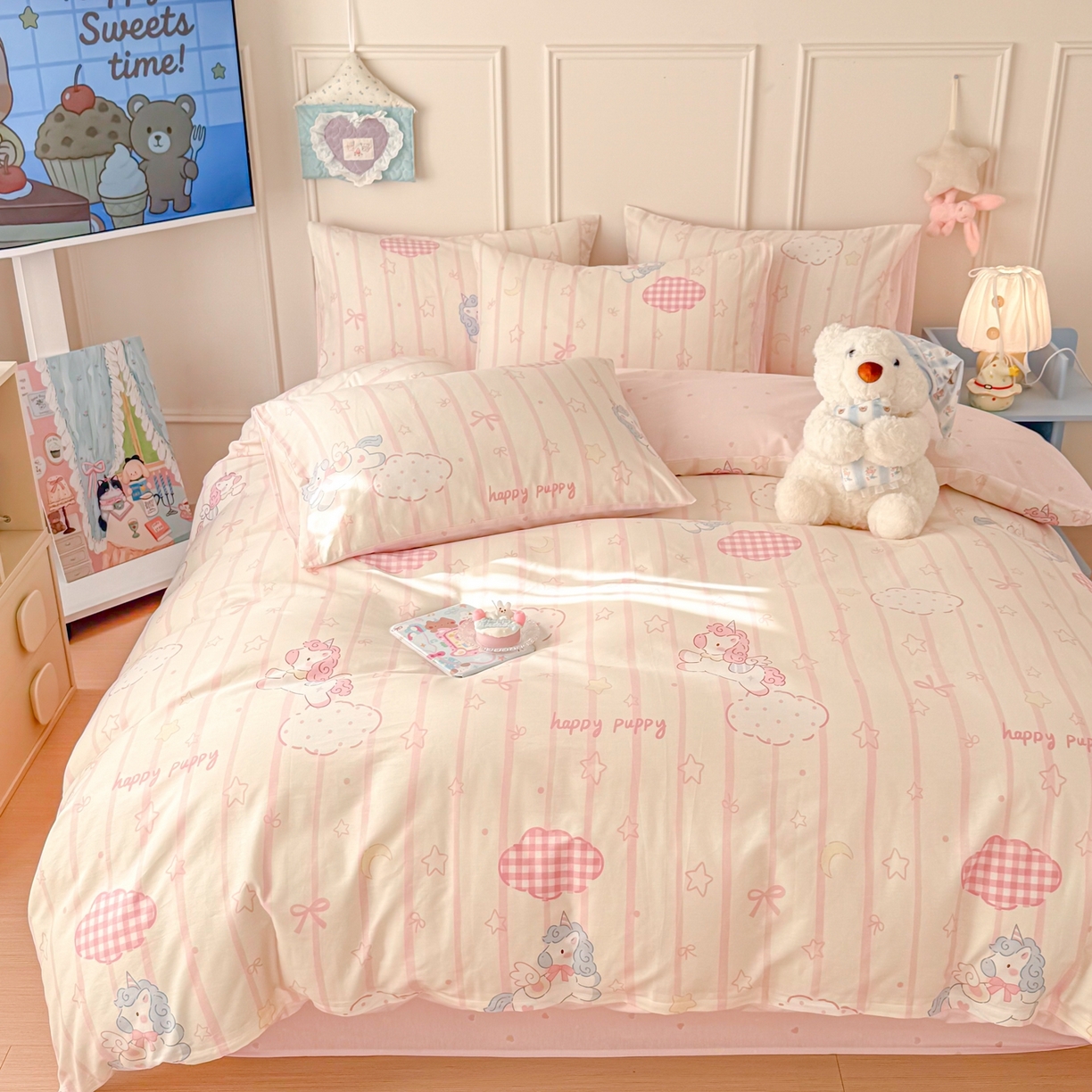 91家纺网 家纺一手货源 找家纺 呗旺鹿 2026新款全棉纯棉40支12868星仔系列单被套被套单件单品被套 粉色独角兽