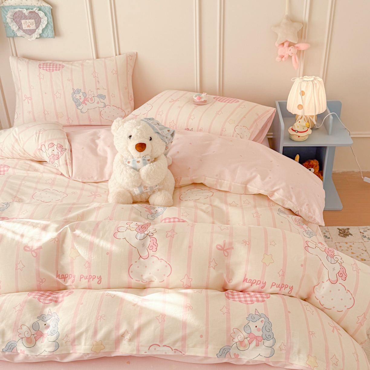 91家纺网 家纺一手货源 找家纺 呗旺鹿 2026新款全棉纯棉40支12868星仔系列单被套被套单件单品被套 粉色独角兽