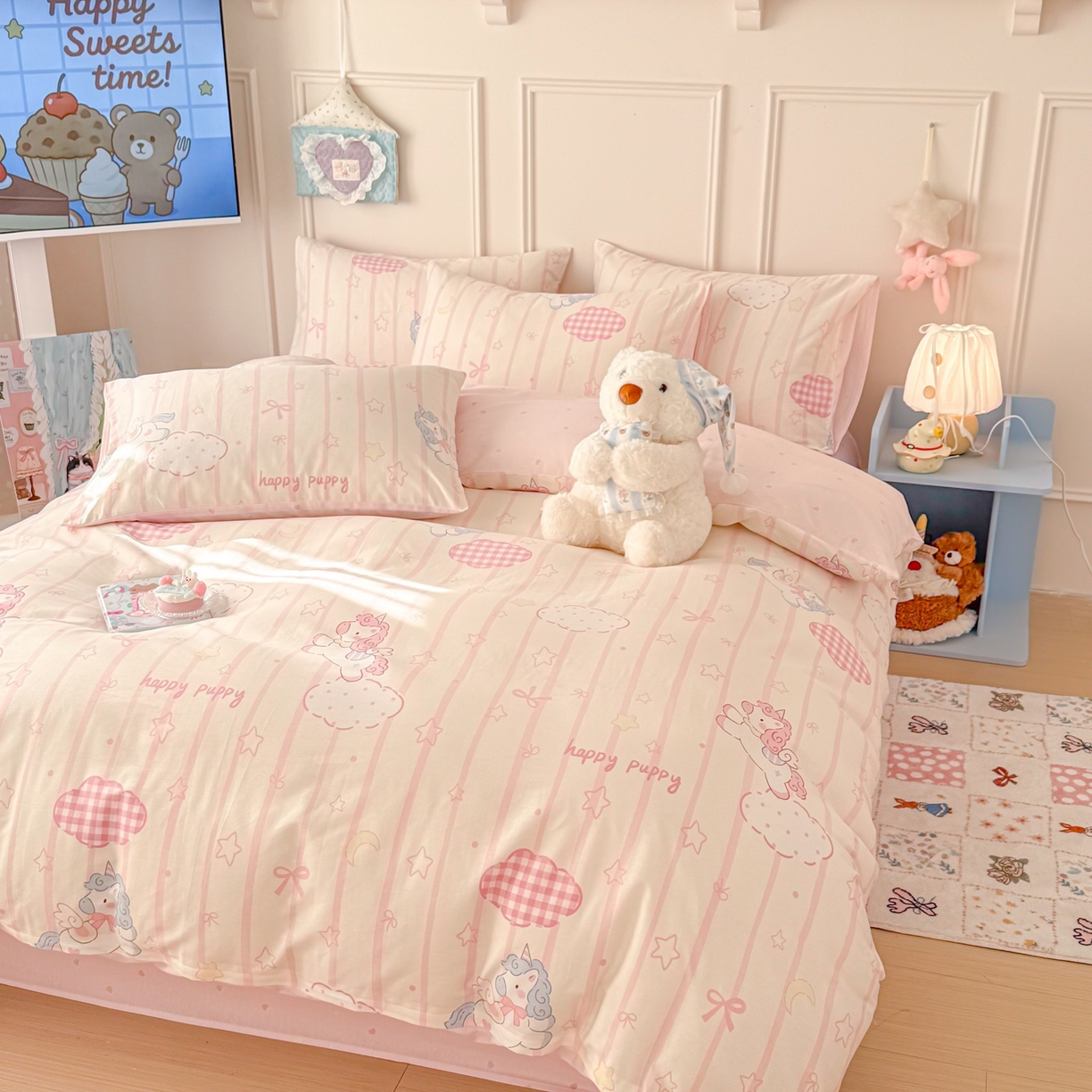 91家纺网 家纺一手货源 找家纺 呗旺鹿 2026新款全棉纯棉40支12868星仔系列单被套被套单件单品被套 粉色独角兽