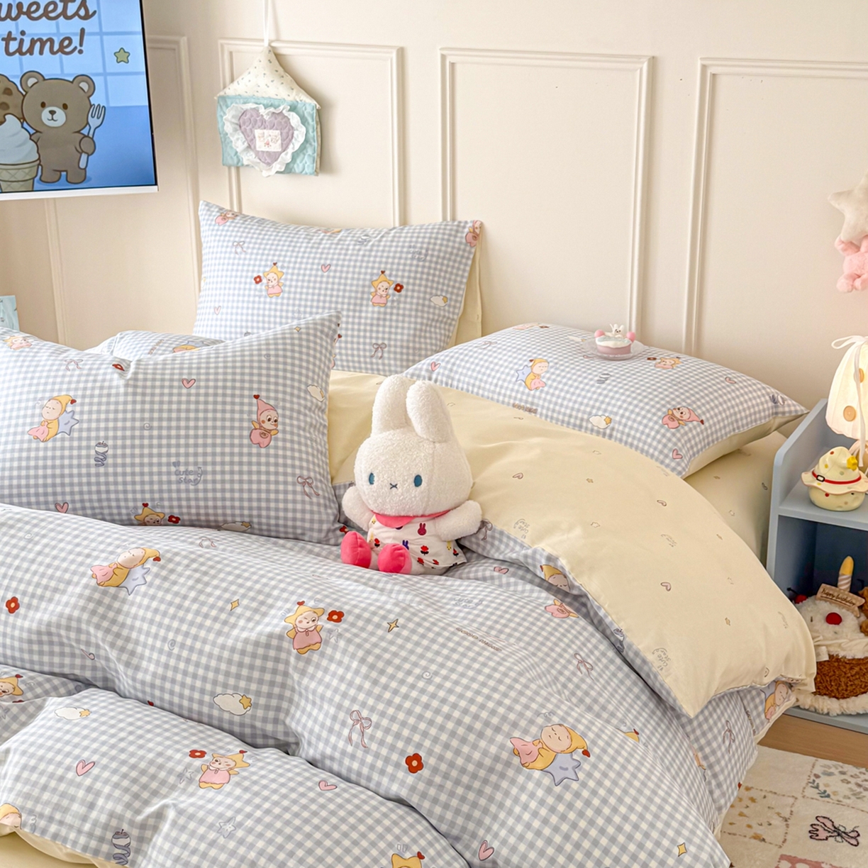 91家纺网 家纺一手货源 找家纺 呗旺鹿 2026新款全棉纯棉40支12868星仔系列单被套被套单件单品被套 甜梦小精灵蓝