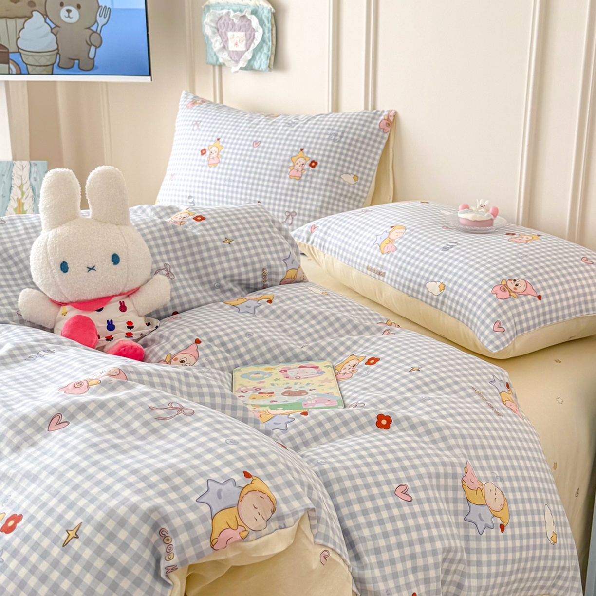 91家纺网 家纺一手货源 找家纺 呗旺鹿 2026新款全棉纯棉40支12868星仔系列单被套被套单件单品被套 甜梦小精灵蓝