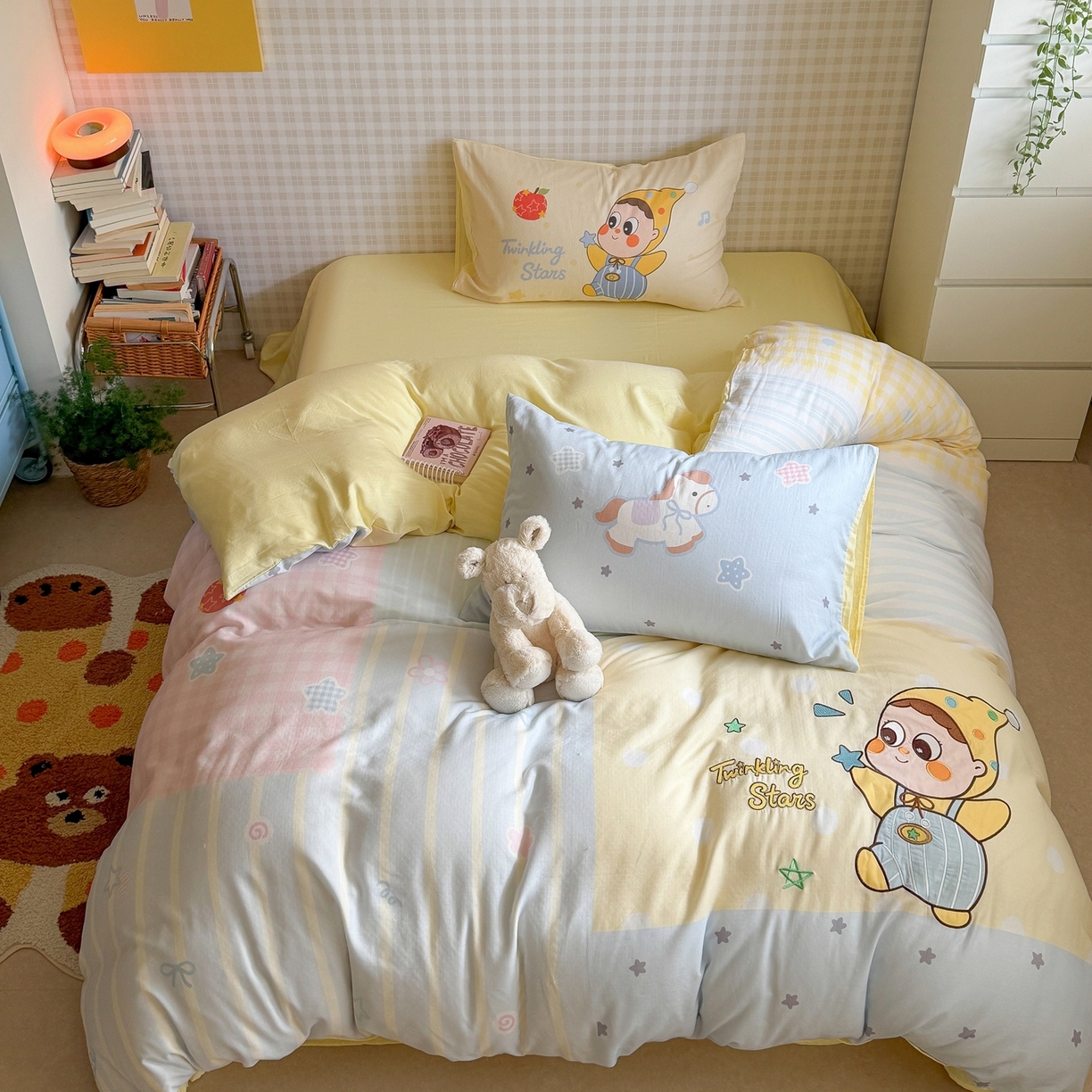 91家纺网 家纺一手货源 找家纺 柚子YOUTH 2026春夏新款大版全棉纯棉双层纱贴布绣四件套 星星宝贝