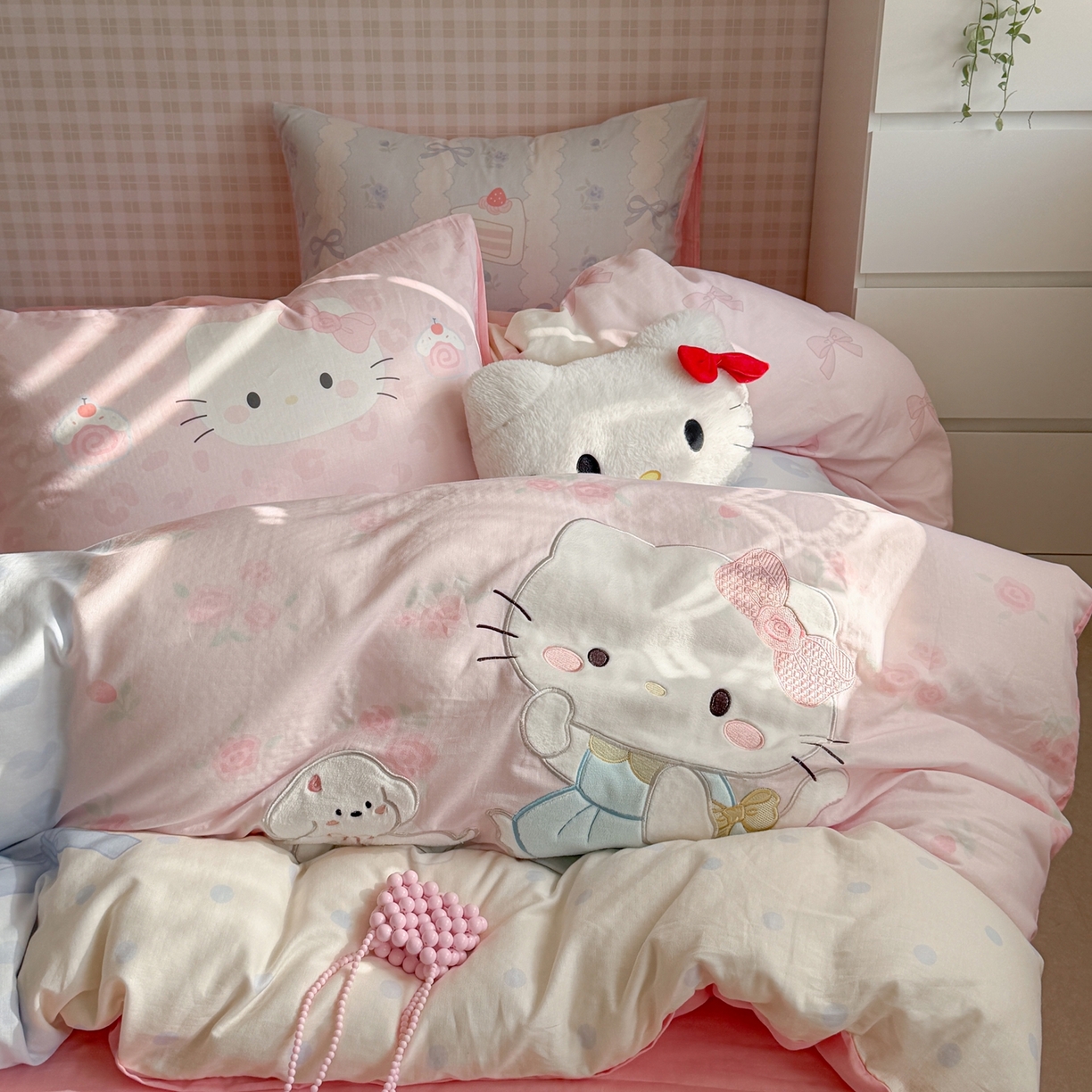 柚子YOUTH 2026春夏新款大版全棉纯棉双层纱贴布绣四件套 大脸小花猫