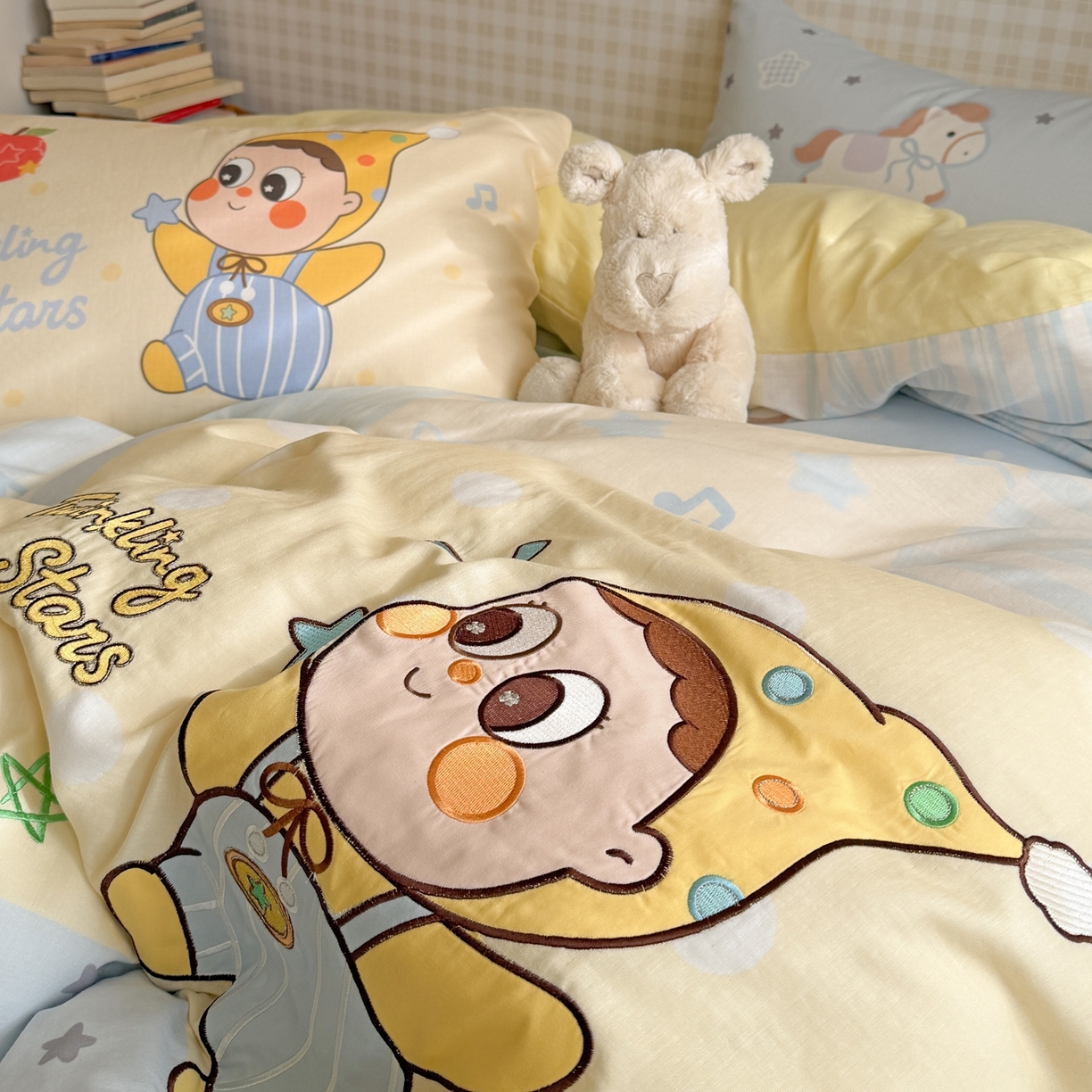 91家纺网 家纺一手货源 找家纺 柚子YOUTH 2026春夏新款大版全棉纯棉双层纱贴布绣四件套 星星宝贝