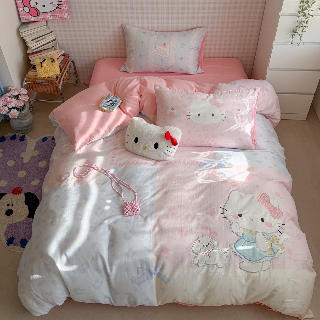 91家纺网 家纺一手货源 找家纺 柚子YOUTH 2026春夏新款大版全棉纯棉双层纱贴布绣四件套 大脸小花猫