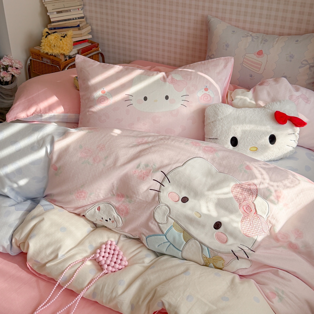 91家纺网 家纺一手货源 找家纺 柚子YOUTH 2026春夏新款大版全棉纯棉双层纱贴布绣四件套 大脸小花猫