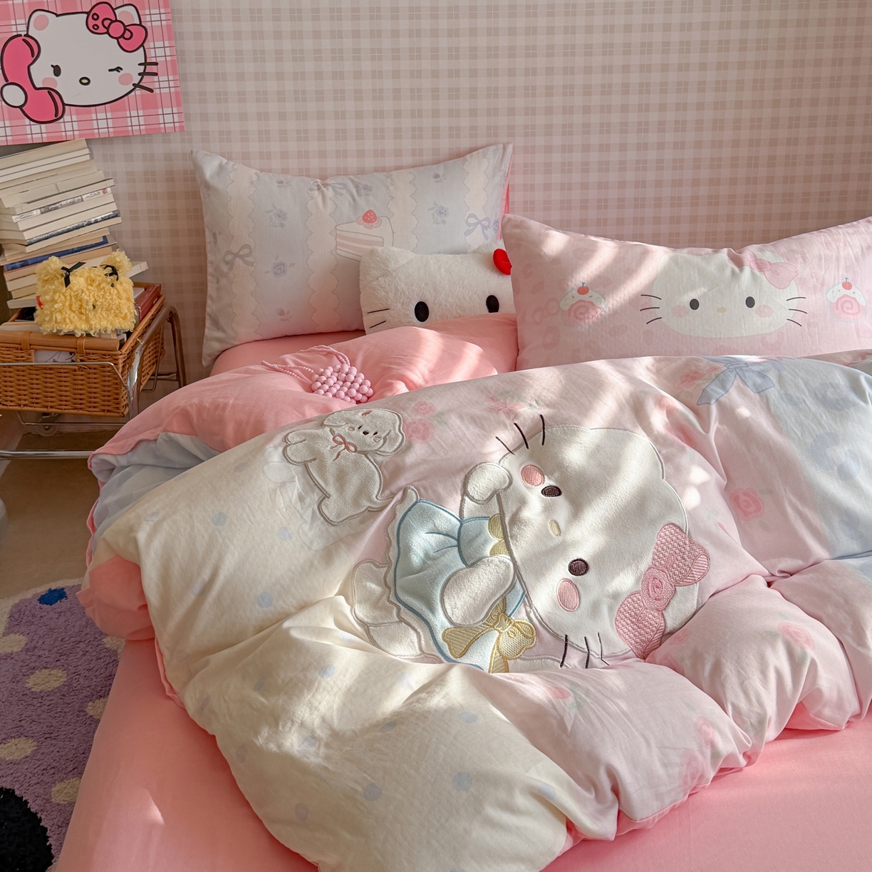 91家纺网 家纺一手货源 找家纺 柚子YOUTH 2026春夏新款大版全棉纯棉双层纱贴布绣四件套 大脸小花猫