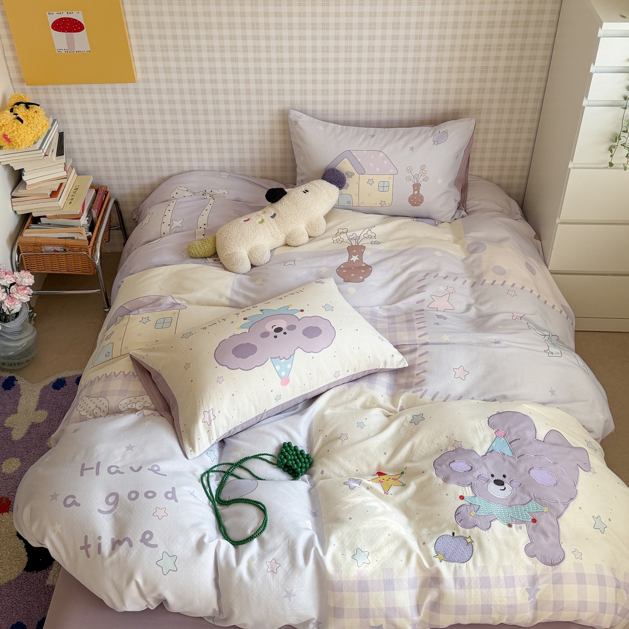 91家纺网 家纺一手货源 找家纺 柚子YOUTH 2026春夏新款大版全棉纯棉双层纱贴布绣四件套 萌萌小紫狗