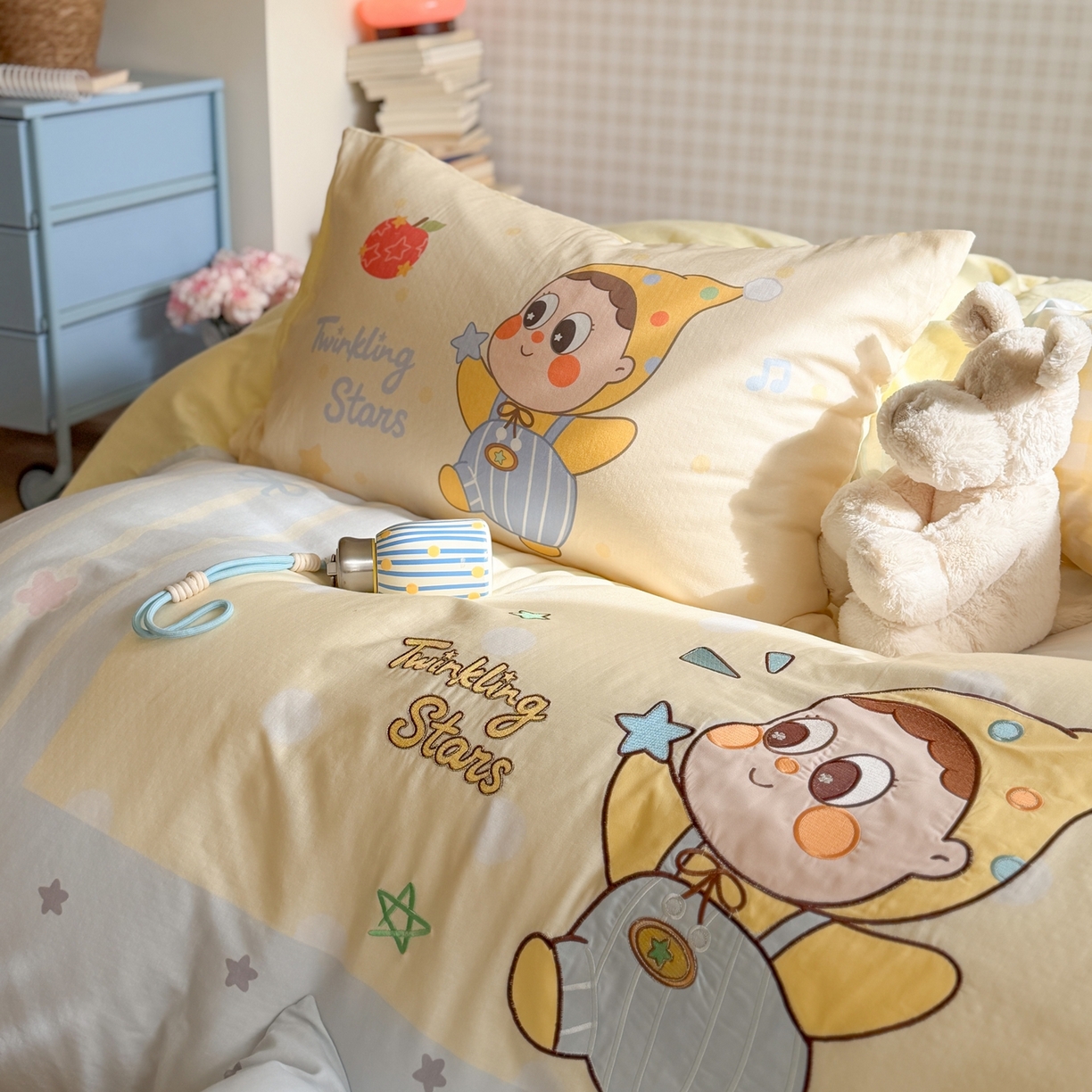 91家纺网 家纺一手货源 找家纺 柚子YOUTH 2026春夏新款大版全棉纯棉双层纱贴布绣四件套 星星宝贝