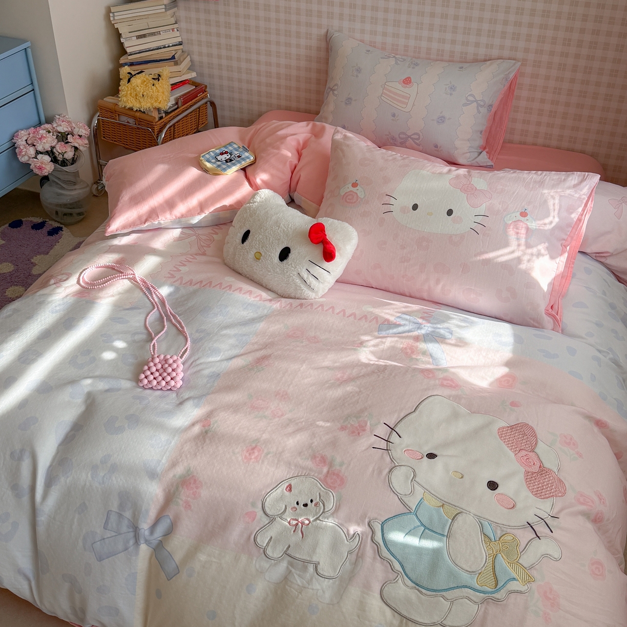 91家纺网 家纺一手货源 找家纺 柚子YOUTH 2026春夏新款大版全棉纯棉双层纱贴布绣四件套 大脸小花猫