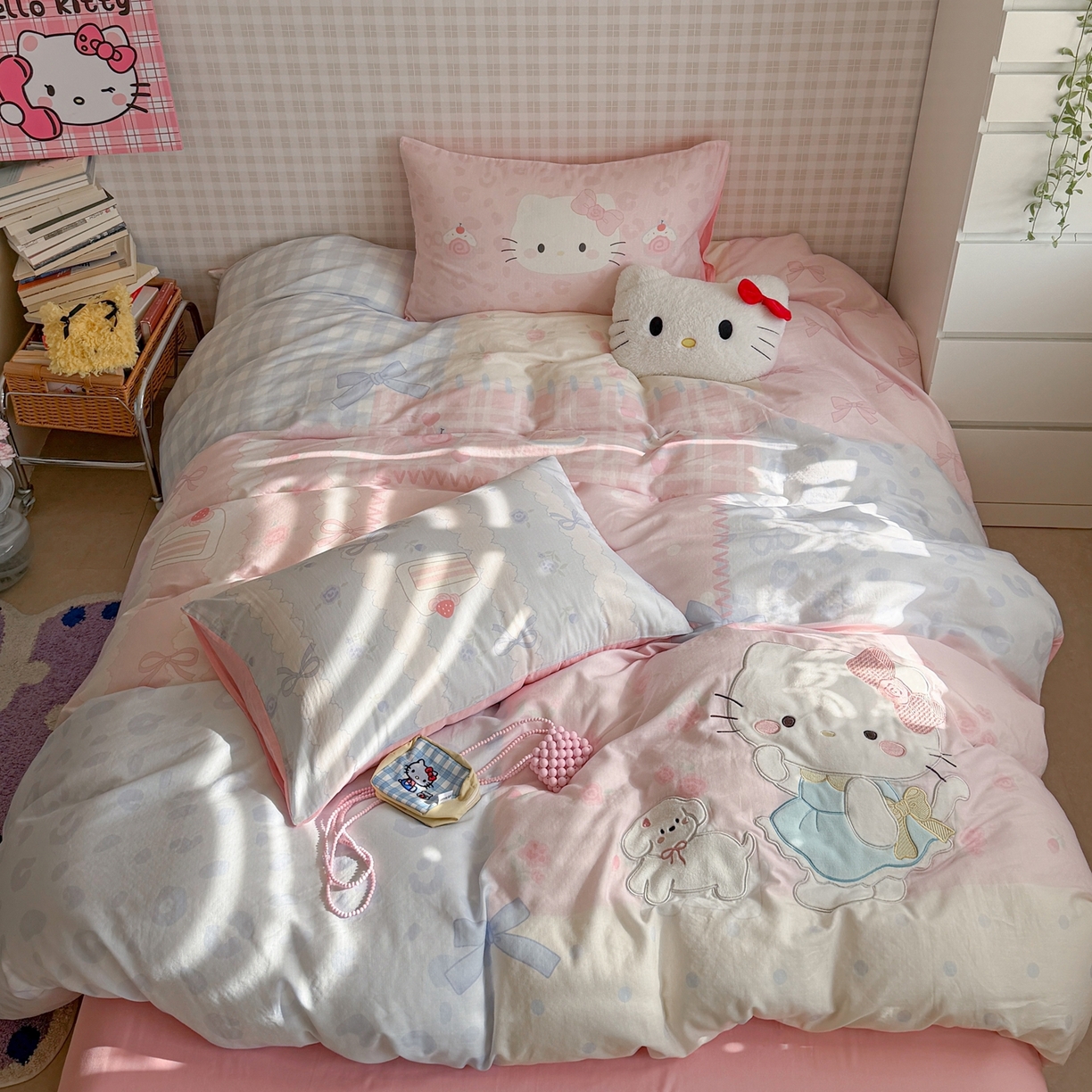 91家纺网 家纺一手货源 找家纺 柚子YOUTH 2026春夏新款大版全棉纯棉双层纱贴布绣四件套 大脸小花猫