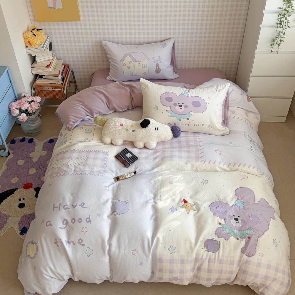 91家纺网 家纺一手货源 找家纺 柚子YOUTH 2026春夏新款大版全棉纯棉双层纱贴布绣四件套 萌萌小紫狗