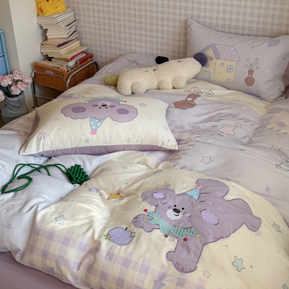 91家纺网 家纺一手货源 找家纺 柚子YOUTH 2026春夏新款大版全棉纯棉双层纱贴布绣四件套 萌萌小紫狗