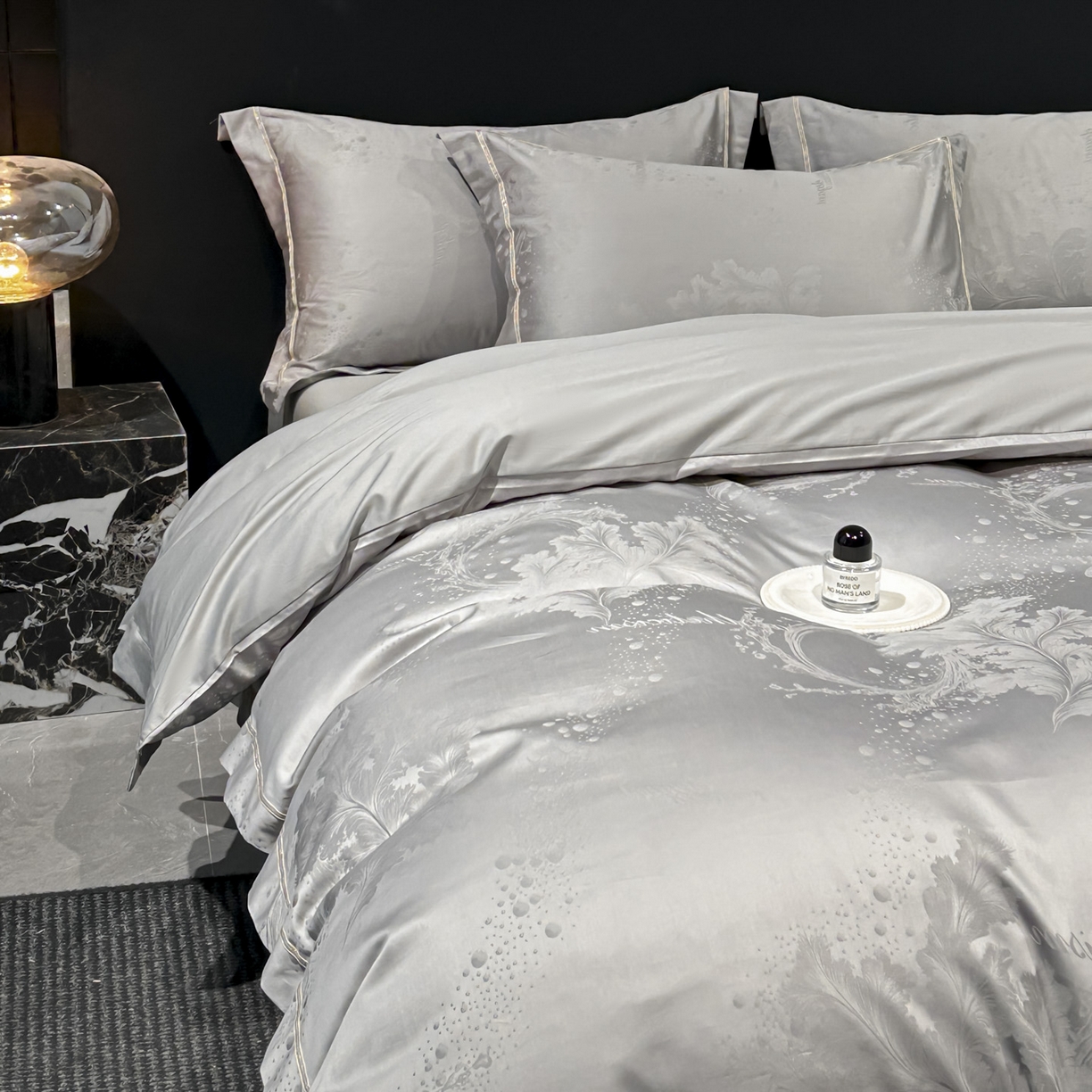 91家纺网 家纺一手货源 找家纺 启航家居 2026新款50支全棉提花四件套 梦幻气泡浅灰