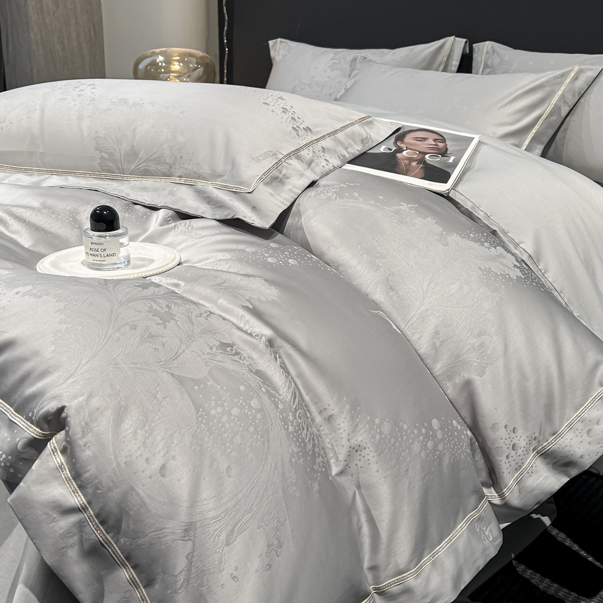 91家纺网 家纺一手货源 找家纺 启航家居 2026新款50支全棉提花四件套 梦幻气泡浅灰