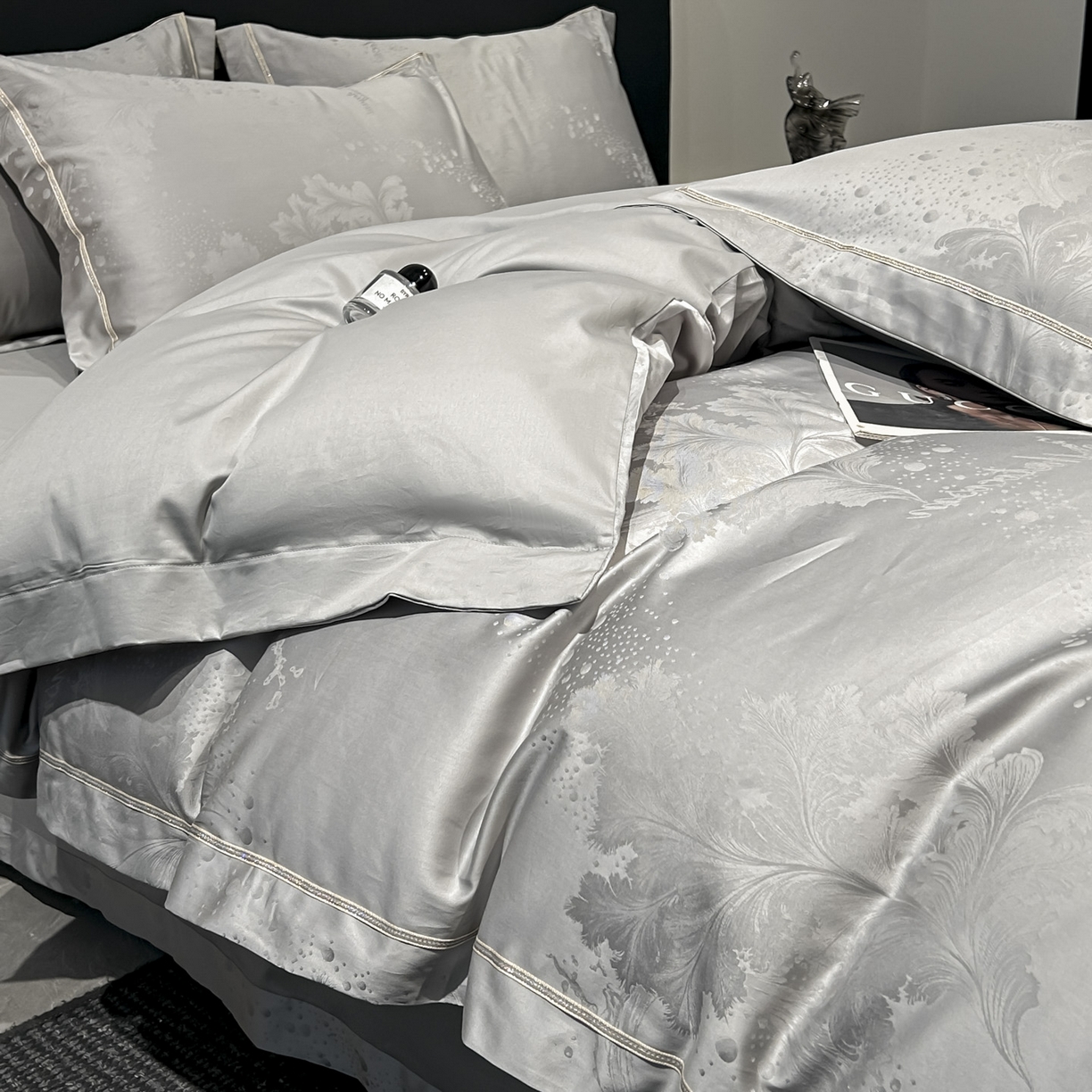 91家纺网 家纺一手货源 找家纺 启航家居 2026新款50支全棉提花四件套 梦幻气泡浅灰