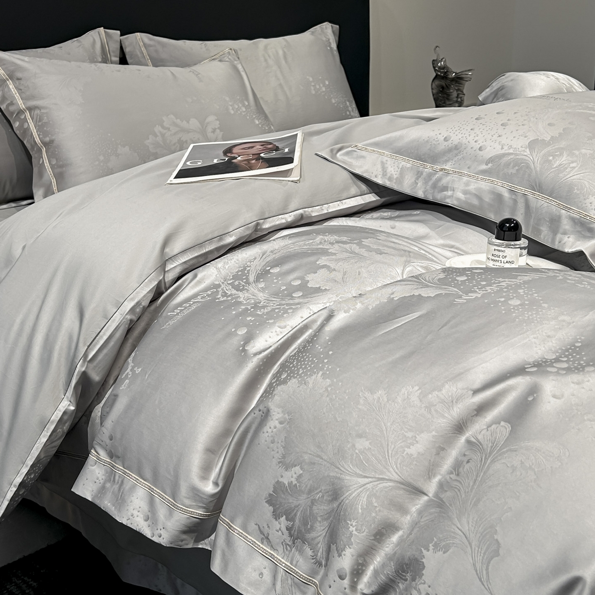 91家纺网 家纺一手货源 找家纺 启航家居 2026新款50支全棉提花四件套 梦幻气泡浅灰