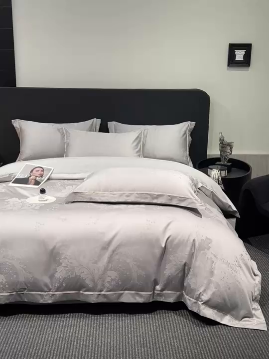 91家纺网 家纺一手货源 找家纺 启航家居 2026新款50支全棉提花四件套 梦幻气泡浅灰