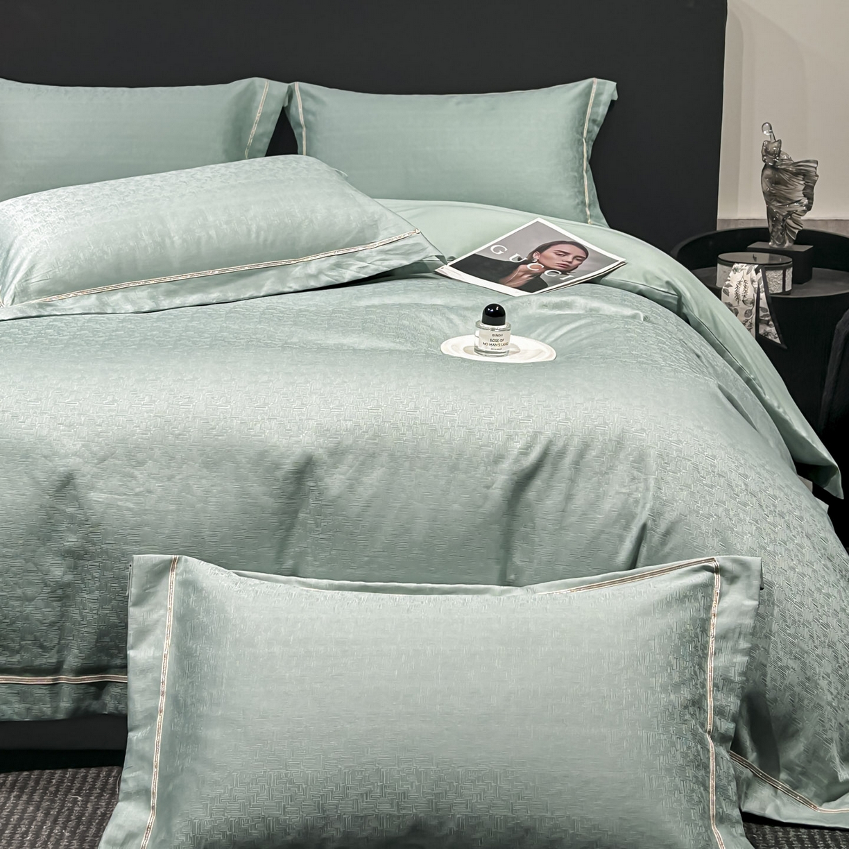 91家纺网 家纺一手货源 找家纺 启航家居 2026新款50支全棉提花四件套 梦想旅程水绿