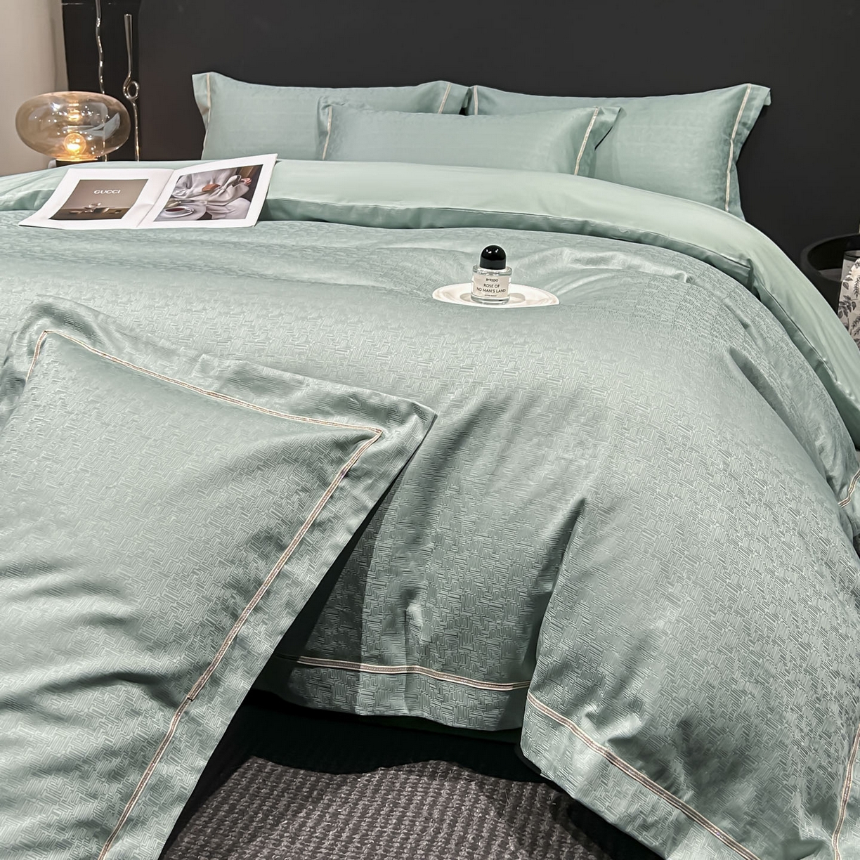 91家纺网 家纺一手货源 找家纺 启航家居 2026新款50支全棉提花四件套 梦想旅程水绿