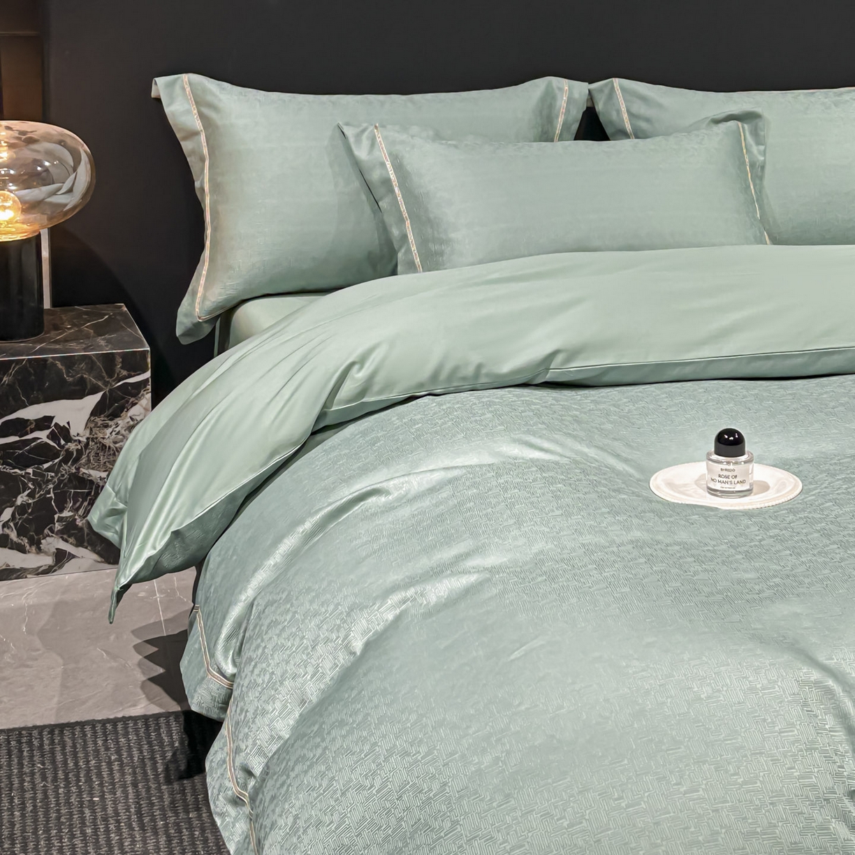 91家纺网 家纺一手货源 找家纺 启航家居 2026新款50支全棉提花四件套 梦想旅程水绿