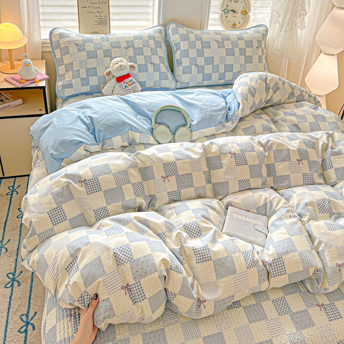 91家纺网 家纺一手货源 找家纺 岚吉家纺 2026新款新疆棉机包边床盖三四件套 安娜-蓝