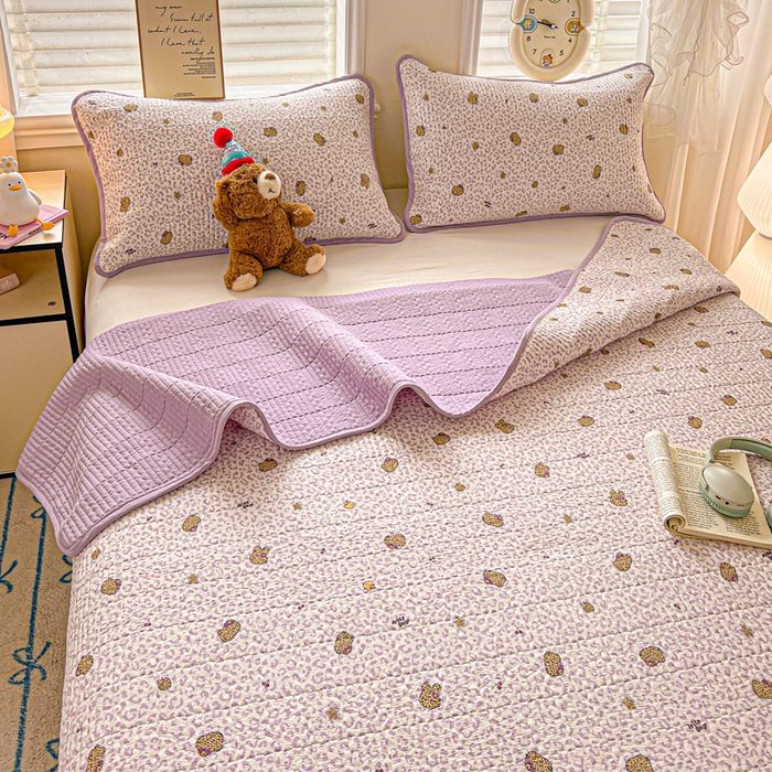 岚吉家纺 2026新款新疆棉机包边床盖三四件套 豹纹猫咪-紫