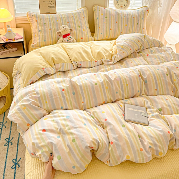 91家纺网 家纺一手货源 找家纺 岚吉家纺 2026新款新疆棉机包边床盖三四件套 彩色圆点