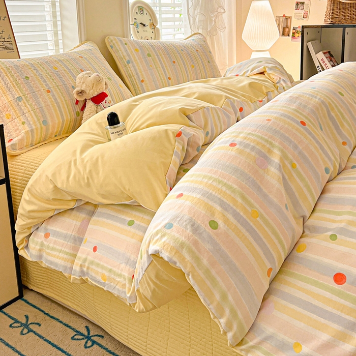 91家纺网 家纺一手货源 找家纺 岚吉家纺 2026新款新疆棉机包边床盖三四件套 彩色圆点