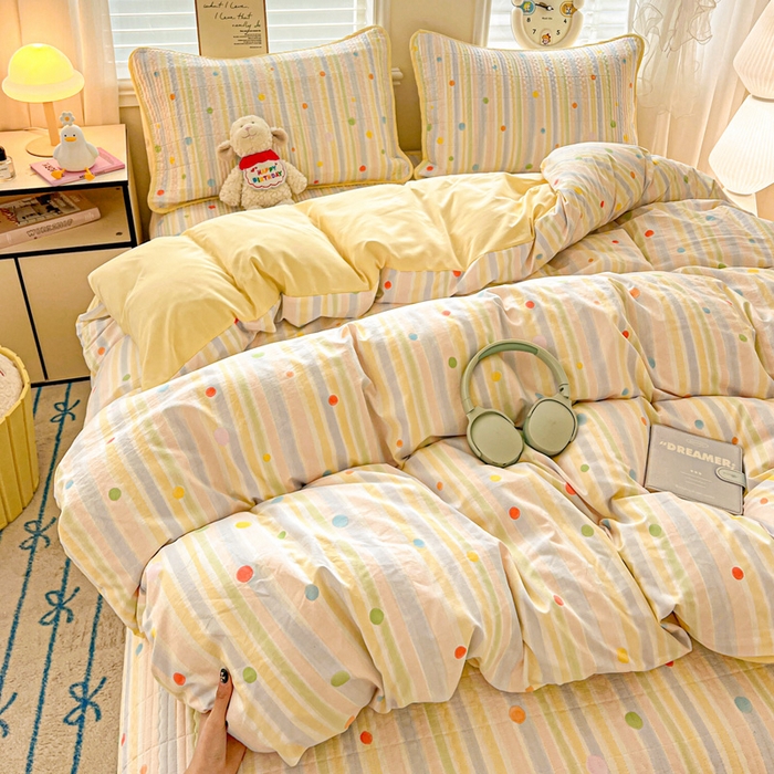 91家纺网 家纺一手货源 找家纺 岚吉家纺 2026新款新疆棉机包边床盖三四件套 彩色圆点