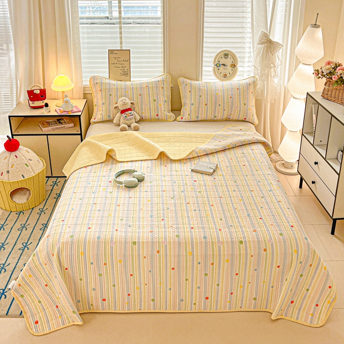 91家纺网 家纺一手货源 找家纺 岚吉家纺 2026新款新疆棉机包边床盖三四件套 彩色圆点