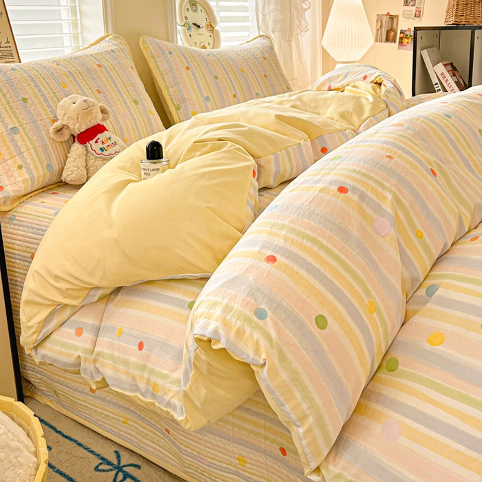 91家纺网 家纺一手货源 找家纺 岚吉家纺 2026新款新疆棉机包边床盖三四件套 彩色圆点