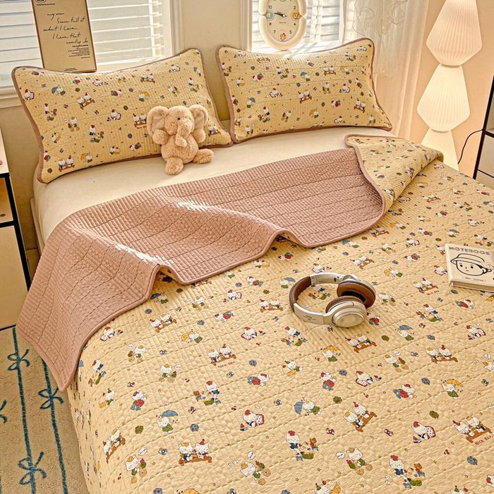 岚吉家纺 2026新款新疆棉机包边床盖三四件套 欢乐小猫