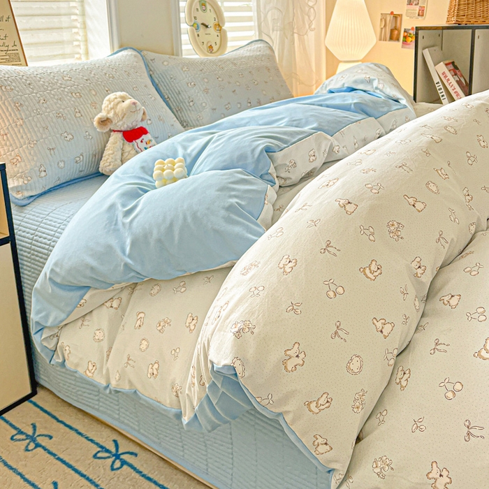 91家纺网 家纺一手货源 找家纺 岚吉家纺 2026新款新疆棉机包边床盖三四件套 星愿小狗