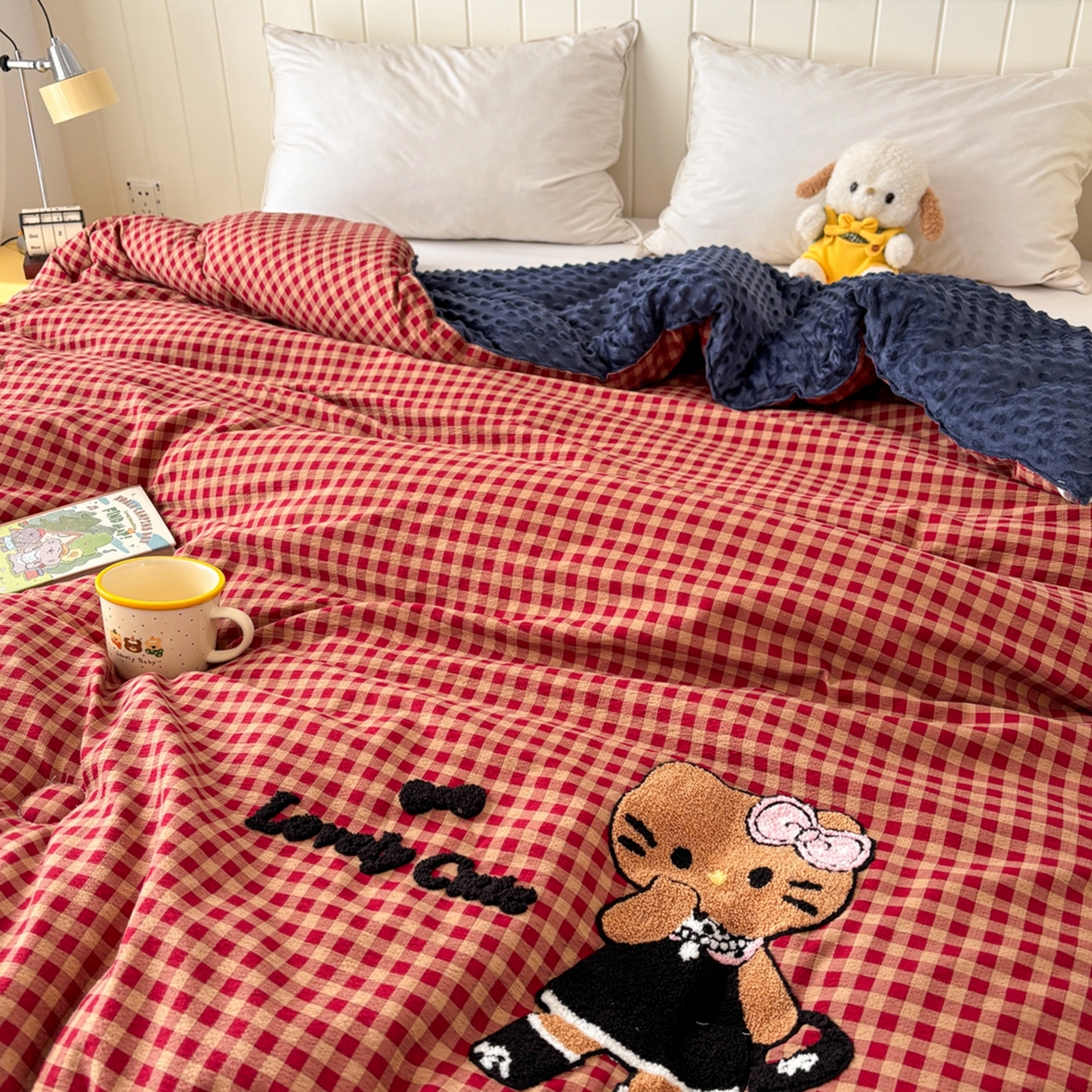 91家纺网 家纺一手货源 找家纺 梦洋家纺 2026新款云朵棉豆豆绒被被子被芯 格子猫咪