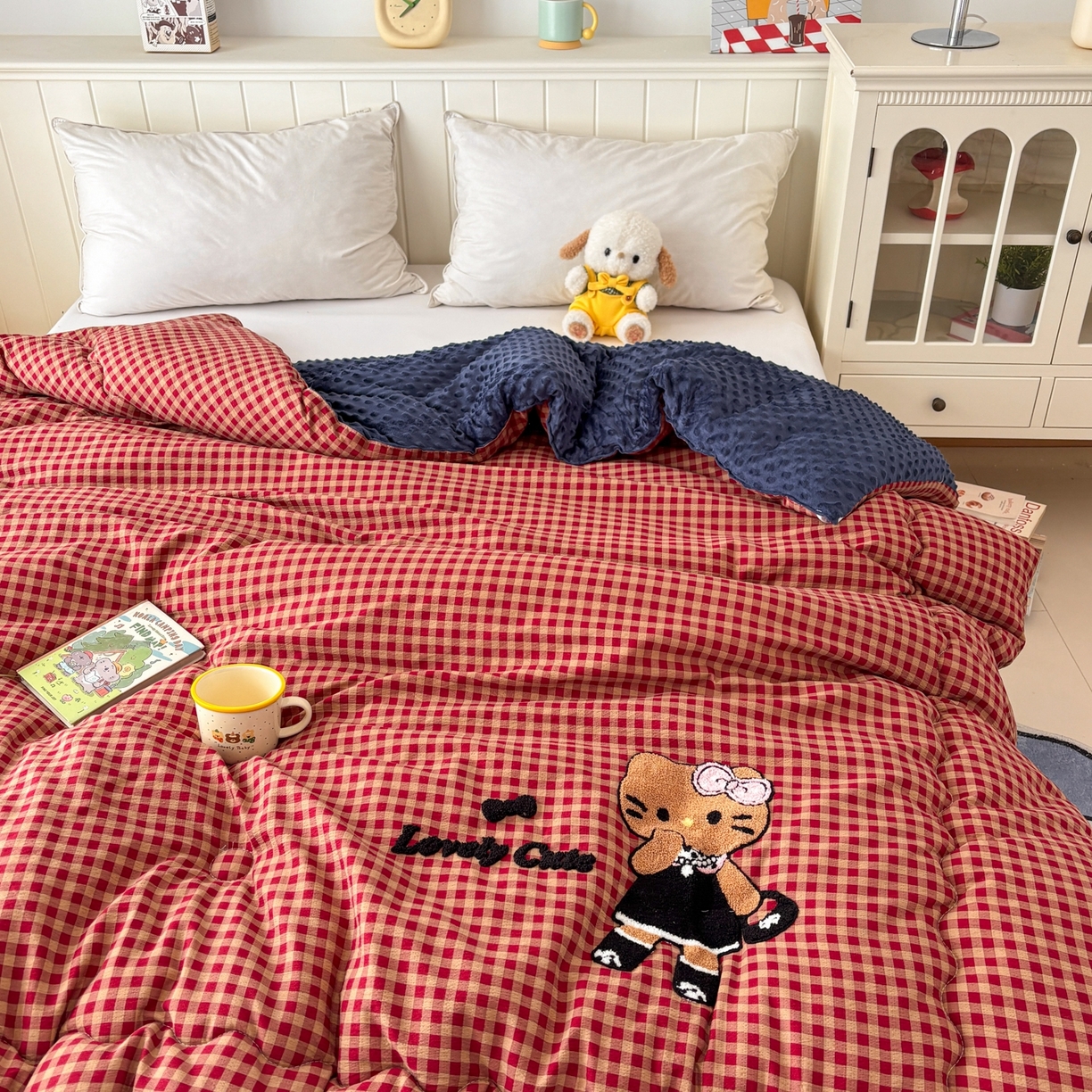 91家纺网 家纺一手货源 找家纺 梦洋家纺 2026新款云朵棉豆豆绒被被子被芯 格子猫咪