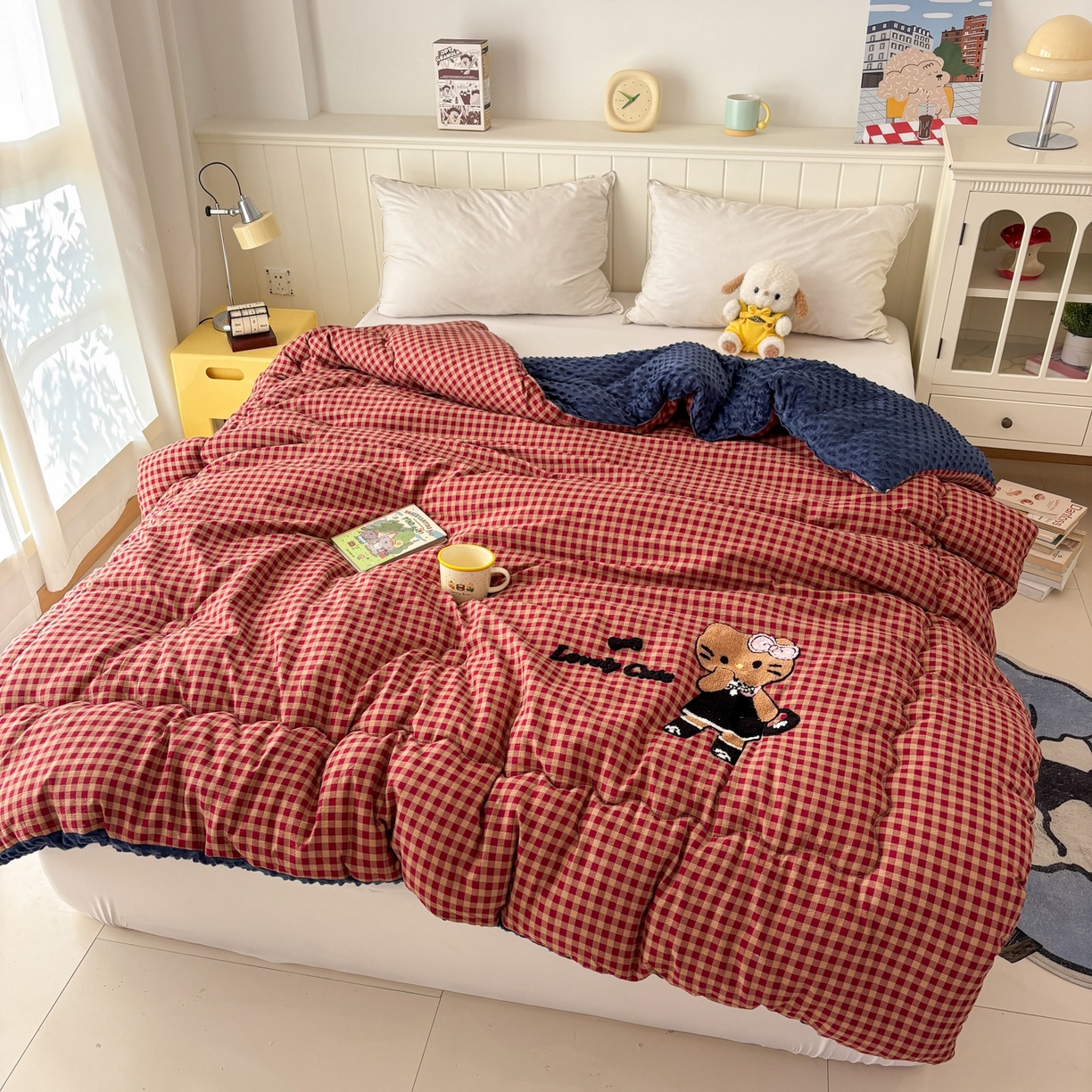 91家纺网 家纺一手货源 找家纺 梦洋家纺 2026新款云朵棉豆豆绒被被子被芯 格子猫咪