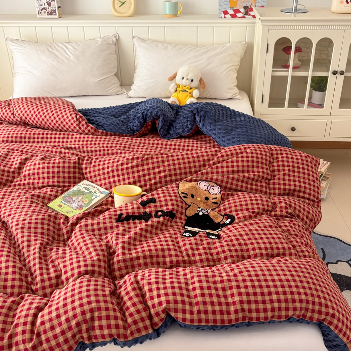 91家纺网 家纺一手货源 找家纺 梦洋家纺 2026新款云朵棉豆豆绒被被子被芯 格子猫咪