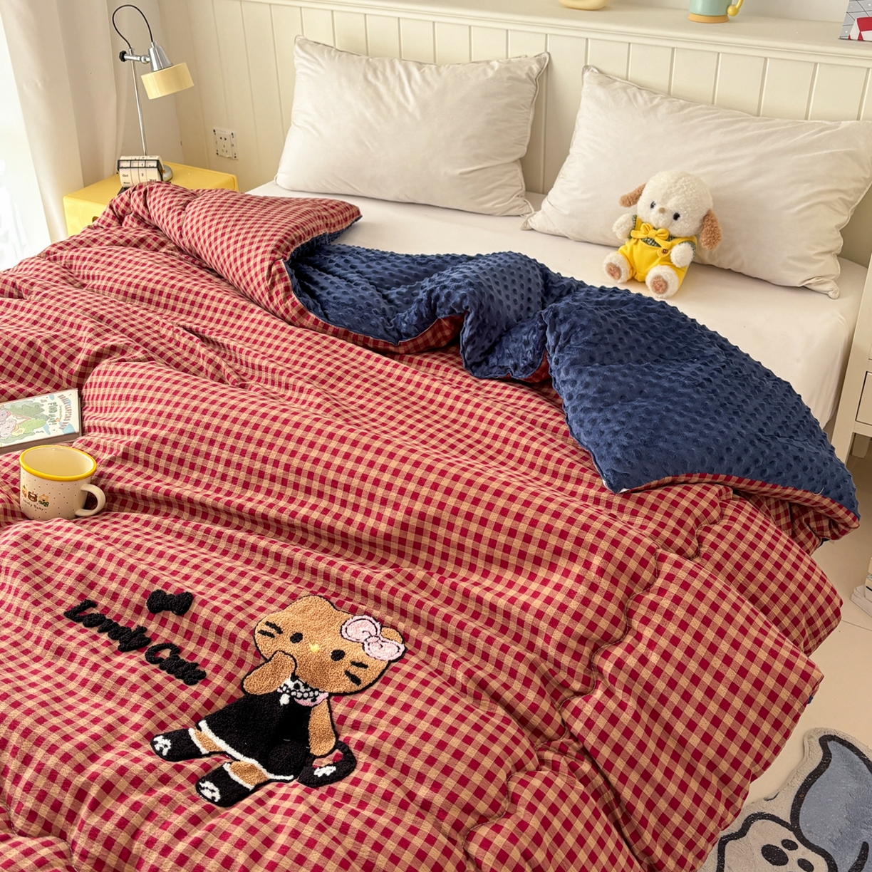 91家纺网 家纺一手货源 找家纺 梦洋家纺 2026新款云朵棉豆豆绒被被子被芯 格子猫咪