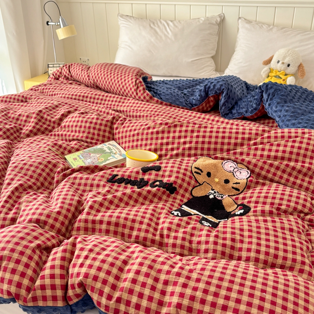 91家纺网 家纺一手货源 找家纺 梦洋家纺 2026新款云朵棉豆豆绒被被子被芯 格子猫咪