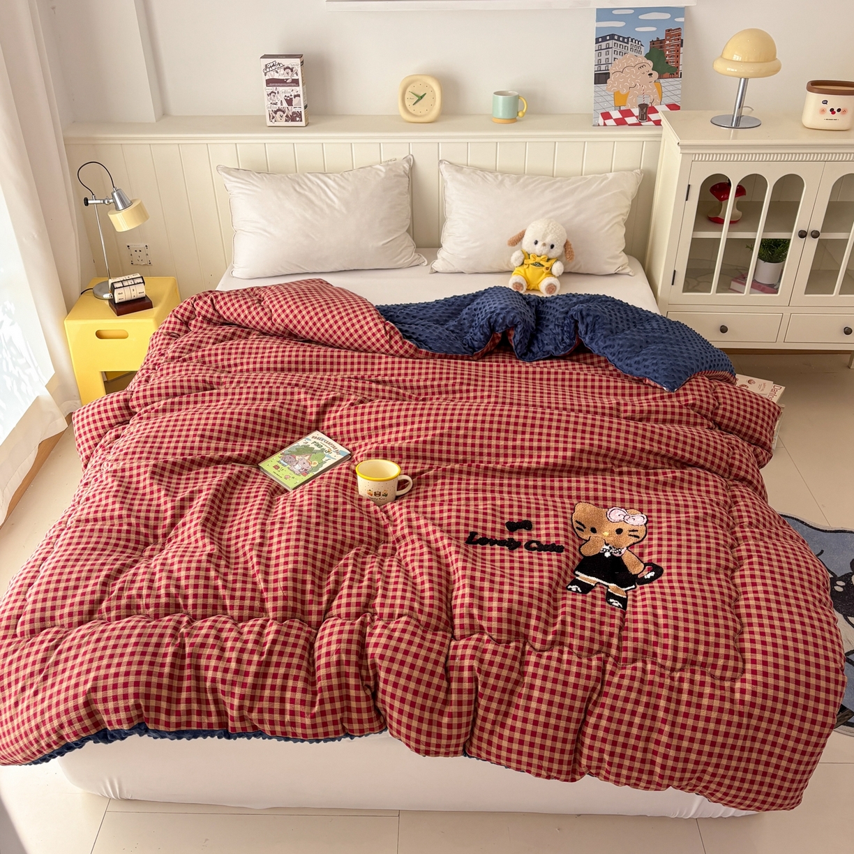 91家纺网 家纺一手货源 找家纺 梦洋家纺 2026新款云朵棉豆豆绒被被子被芯 格子猫咪