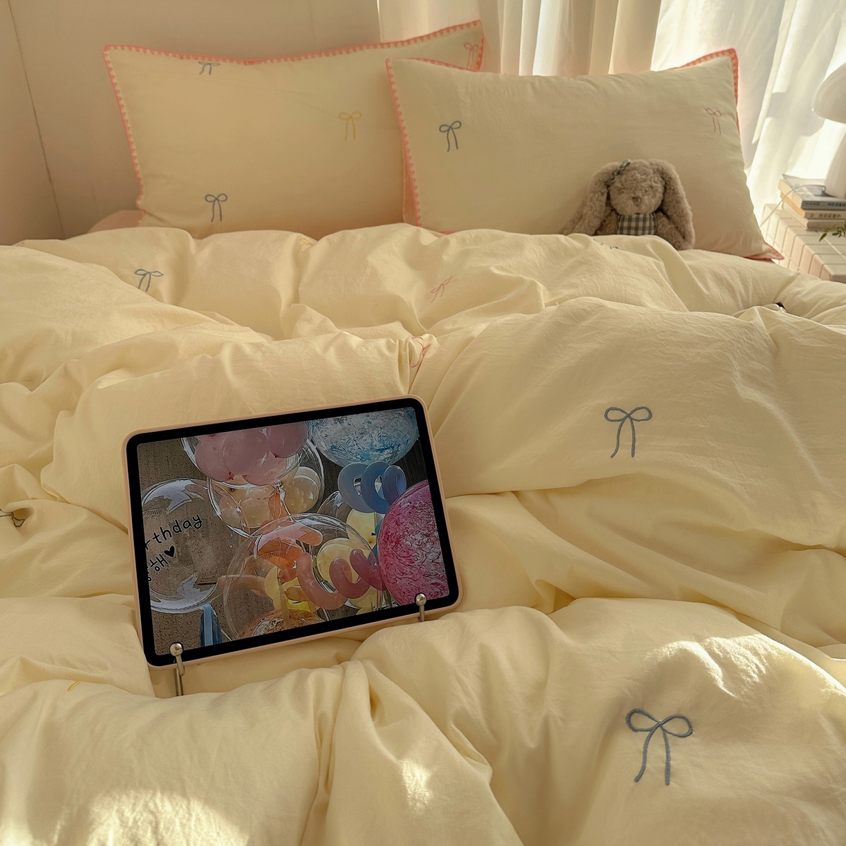 91家纺网 家纺一手货源 找家纺 顾里家纺 2026新款ins韩风刺绣云朵棉四件套 白桃少女