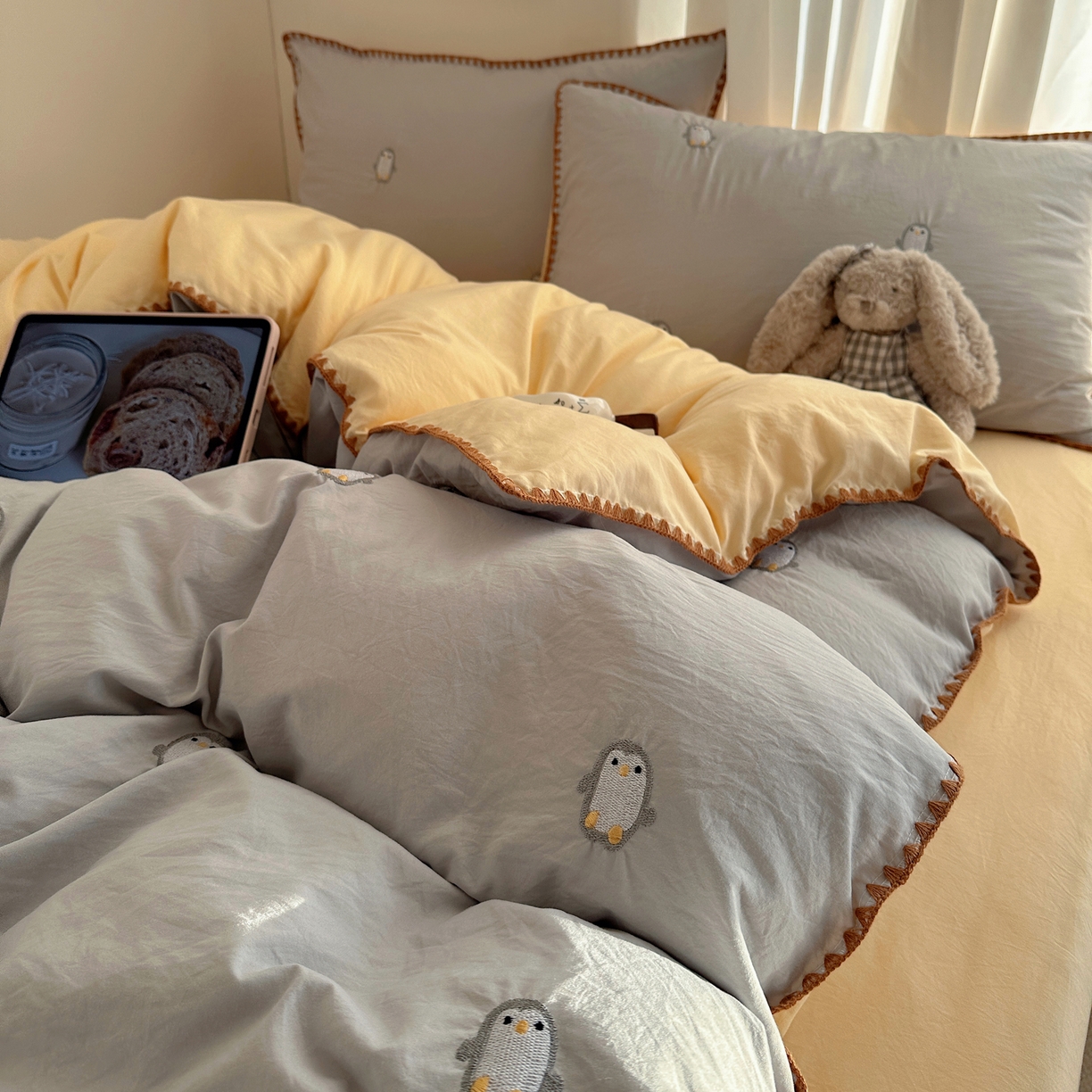 顾里家纺 2026新款ins韩风刺绣云朵棉四件套 小企鹅