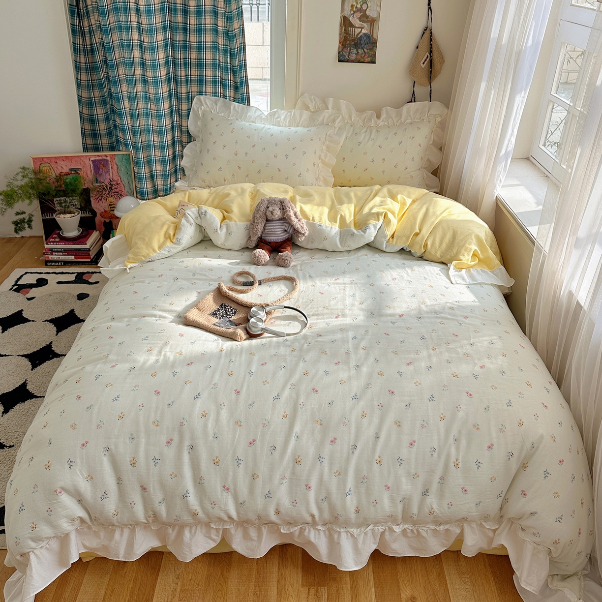 91家纺网 家纺一手货源 找家纺 丽涵家纺 2026新款法式立体花边全棉纯棉双层纱四件套 花园密语