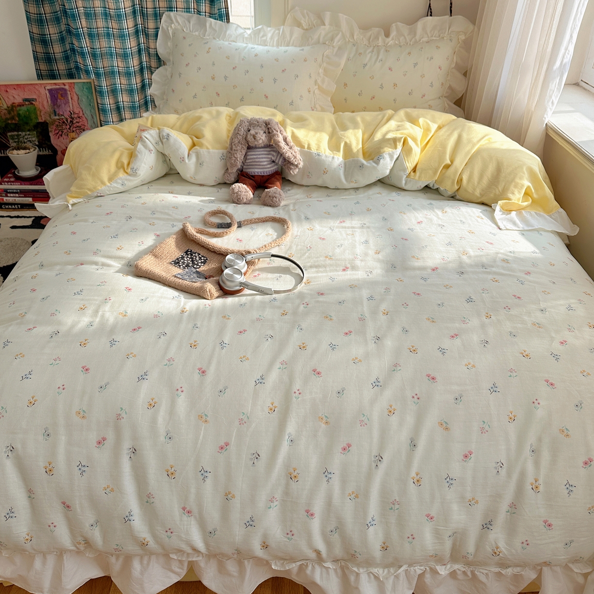 91家纺网 家纺一手货源 找家纺 丽涵家纺 2026新款法式立体花边全棉纯棉双层纱四件套 花园密语