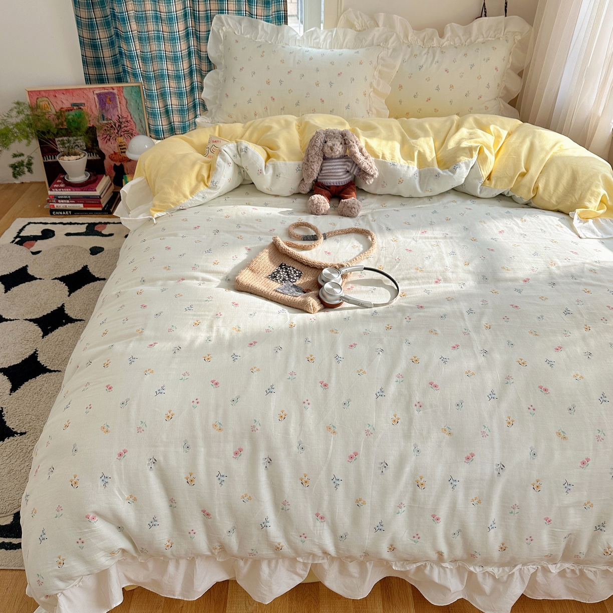 91家纺网 家纺一手货源 找家纺 丽涵家纺 2026新款法式立体花边全棉纯棉双层纱四件套 花园密语